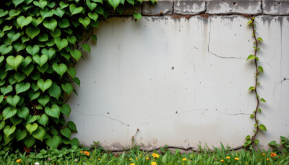A vibrant green vine gracefully climbing a textured wall, contrasting with the rough surface and soft grass below.