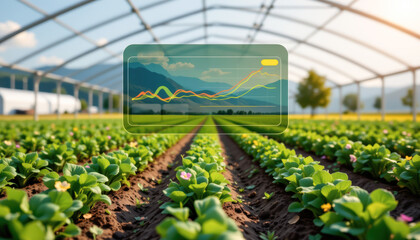 A vibrant greenhouse showcasing healthy plants with a digital overlay of growth data, illustrating modern farming.