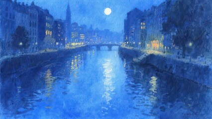 Fototapeta premium Moonlit canal with city lights reflected in water, abstract watercolor style, cool blue tones, impressionistic urban night scene