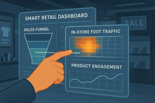 Smart Retail Dashboard Featuring Sales Funnel, In-Store Foot Traffic Heatmap and Product Engagement
