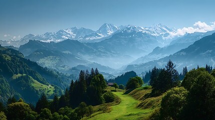 Fototapeta premium The Alps mountain range is home to a lush forest valley.