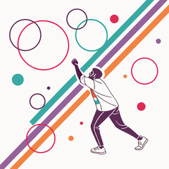 Man reaching up towards colorful abstract shapes and diagonal stripes minimalist