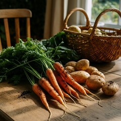 Fresh carrots and potatoes on rustic table beside woven baskets