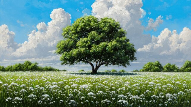 Lone tree in a meadow of white flowers under a blue sky with fluffy clouds