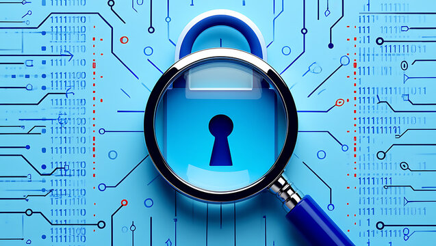 Magnifying glass on blue digital padlock binary code - Powered by Adobe
