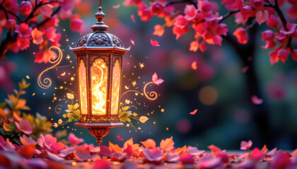 A vibrant lantern glows among falling petals in a serene outdoor setting, creating a magical ambiance.