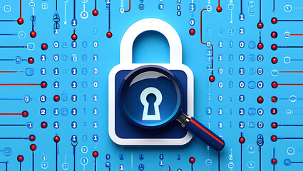 Magnifying Glass Over Padlock with Binary Code Background