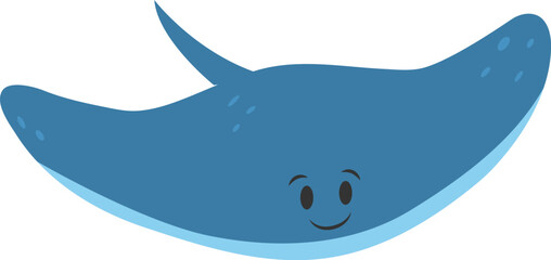 Cute playful blue cartoon stingray with a happy face isolated on white background in flat style