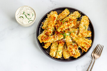 Fried Zucchini with Dip Sauce Top Down Photo