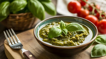 Close up of a bowl of pesto with basil leaves, tomatoes and a fork on a wooden cutting board
