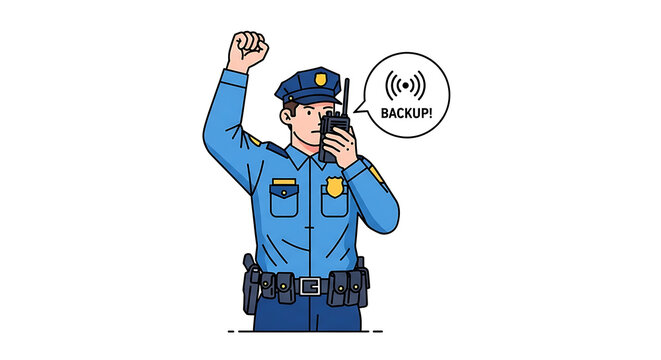 A determined illustrated police officer in a blue uniform with a walkie-talkie raises a fist and calls for "BACKUP!"