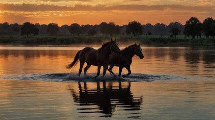 Fototapeta premium The horses wading in water at sunset.