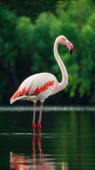 Fototapeta premium A graceful pink flamingo stands elegantly in calm water, its reflection mirroring its beautiful form