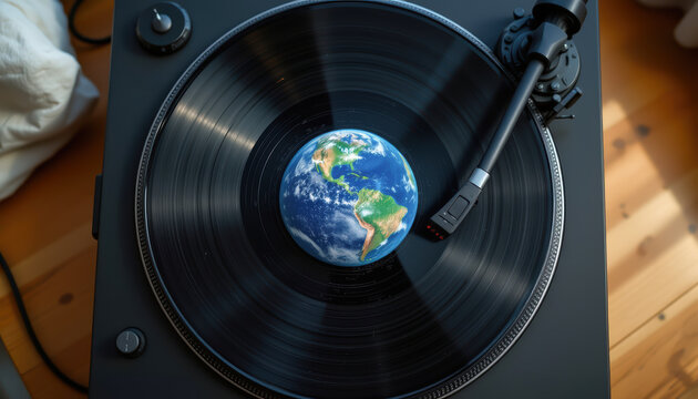 A vinyl record featuring a globe design, representing music and global unity in a creative artistic setting.