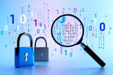 Blue padlock and magnifying glass over digital binary code