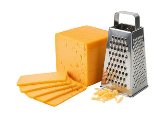 Cheddar Cheese Block, Slices, Grater, and Grated Cheese, Isolated on White Background