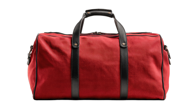 Red duffel bag with black trim