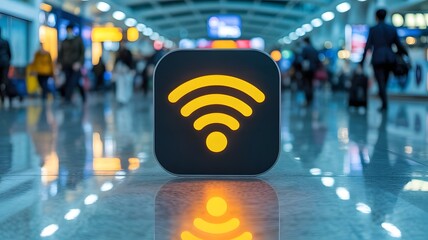 A glowing wifi symbol in an airport terminal with people walking in the background on a shiny floor