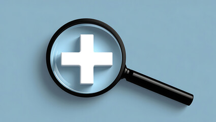 Fototapeta premium Magnifying glass focused on white plus symbol lens