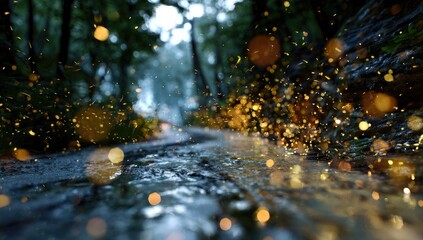 A wet, dark forest path with glowing particles, possibly fireflies or sparks, scattered along the way, creating a magical, ethereal ambiance.  The path is blurred in the background