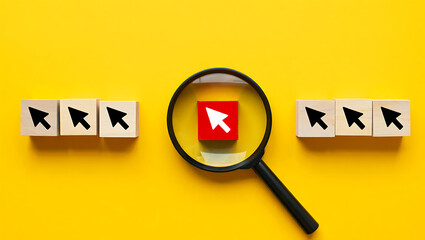 Magnifying glass on red cube with white arrow cursor and wooden blocks