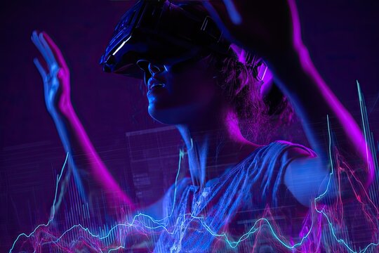 VR experience, vibrant colors, and data overlay. Young person engrossed in a virtual reality headset, hands raised, vibrant purple-blue light, financial data - Powered by Adobe