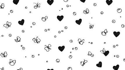 A seamless doodle pattern of simple hearts, bubbles, and tiny, flying butterflies, isolated on a Transparent Background