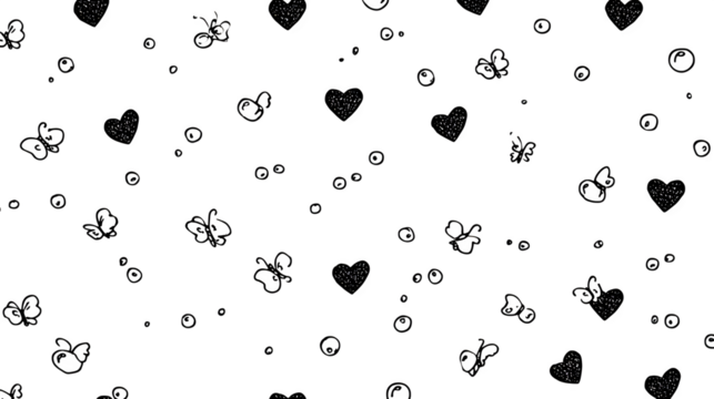 A seamless doodle pattern of simple hearts, bubbles, and tiny, flying butterflies, isolated on a Transparent Background - Powered by Adobe