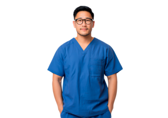 Asian man doctor in blue scrubs with glasses on transparent background, PNG
