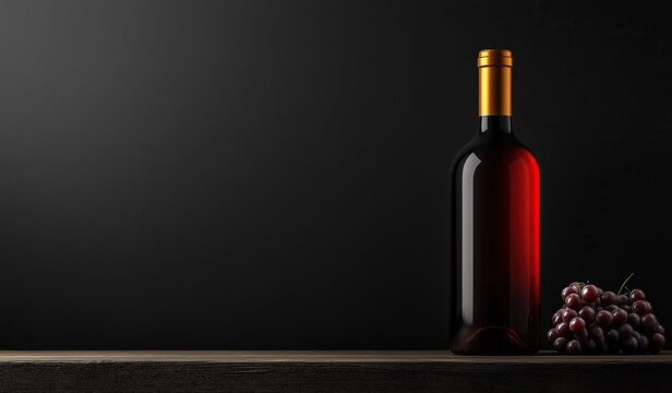 Elegant red wine bottle mockup placed on a dark wooden table with fresh grapes, showcasing a luxurious and rustic atmosphere for wine branding or packaging design