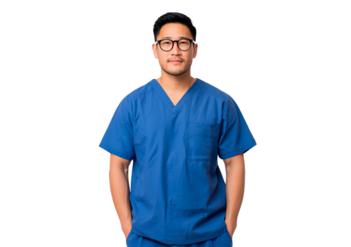 Asian man doctor in blue scrubs with glasses on transparent background, PNG