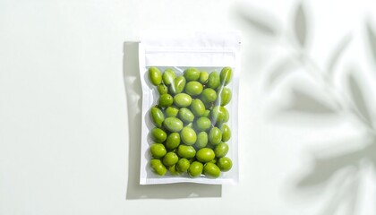 Fresh Green Olives in Clear Resealable Pouch on White Background with Leaf Shadows