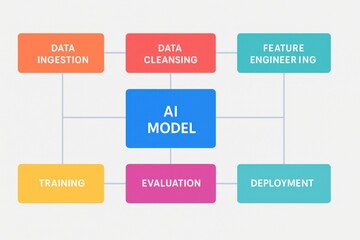 Colorful AI Model Lifecycle Flowchart with Ingestion, Cleansing, Feature Engineering, and Training Stages
