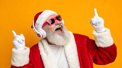 Cool santa claus wearing sunglasses and headphones dancing