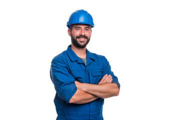 Smiling construction worker in blue coveralls with hard hat on transparent background, PNG