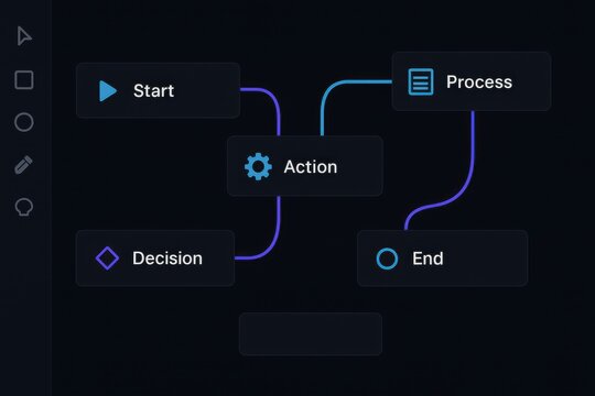 Dark Theme Logic Flow Interface with Start, Action, Process and Decision Points
