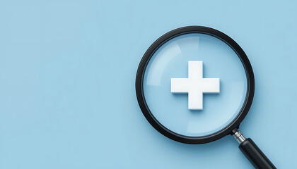Fototapeta premium Magnifying glass over white plus symbol on blue background 2