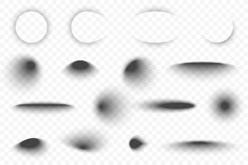 Realistic shadow effect in round, sphere, and oval shapes. Set of transparent shadow effects in geometric shapes. Falling 3D shadow effect from spheres, circles, and ovals. Vector