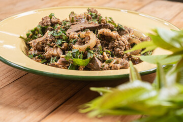 Northern Thai food: Pork Larb in an old-fashioned dish, (Larb Moo)