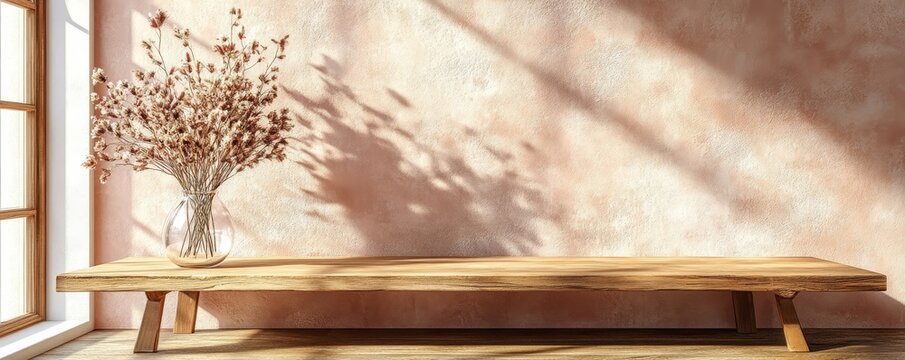 Wooden table with a vase of dried flowers positioned near an empty blank terra cotta wall, offering a serene home interior background for a modern living room. 3D rendering, Generative AI