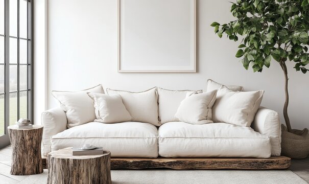 White sofa cushions placed on a wood slab, accompanied by a rustic tree stump side table near a white wall with a large poster frame, reflecting minimalist modern living room design, Generative AI