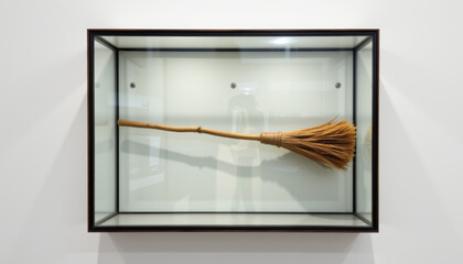 An artistic display of a broom in a glass case, symbolizing tradition and craftsmanship in modern art.