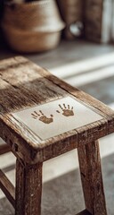 Rustic wooden stool with a light-colored inset featuring two child-sized handprints, bathed in soft, natural light