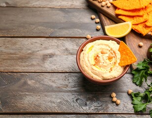 Bowl of hummus with pita chips and chickpeas on a wooden background