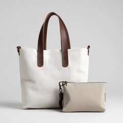 Off-white canvas tote bag with brown leather handles and a smaller beige canvas pouch