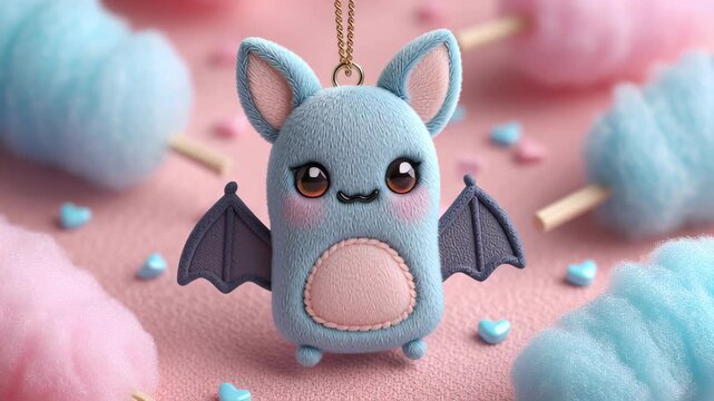 Cute Pastel Bat Charm Surrounded by Cotton Candy and Heart Shaped Candies, Evoking Whimsical Joy with Fluffy Pink Treats and Kawaii Vibes