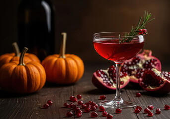 Sophisticated dimly lit still life featuring a red cocktail with pomegranate and pumpkins