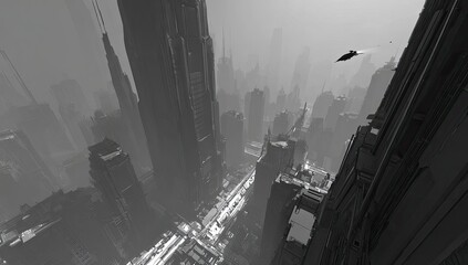 High-angle view of a futuristic city, grayscale, fog