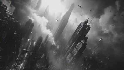 Fototapeta premium Futuristic cityscape, aerial view, monochrome
