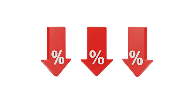 Decline Arrows: Bold red arrows with percentage symbols point downward, symbolizing economic downturn and reduced value. Visual representation of financial decrease and negative trends.